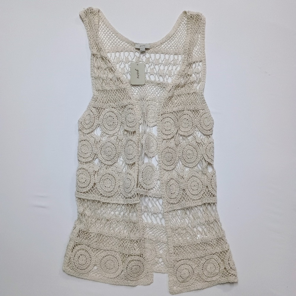Yaira NWT Crochet Cream Long Vest Open Beach Festival Boho Cottagecore Cotton
